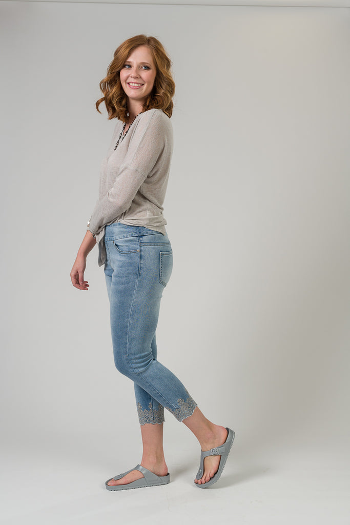 Pull On Embroidery and Rhinestone Denim Capri