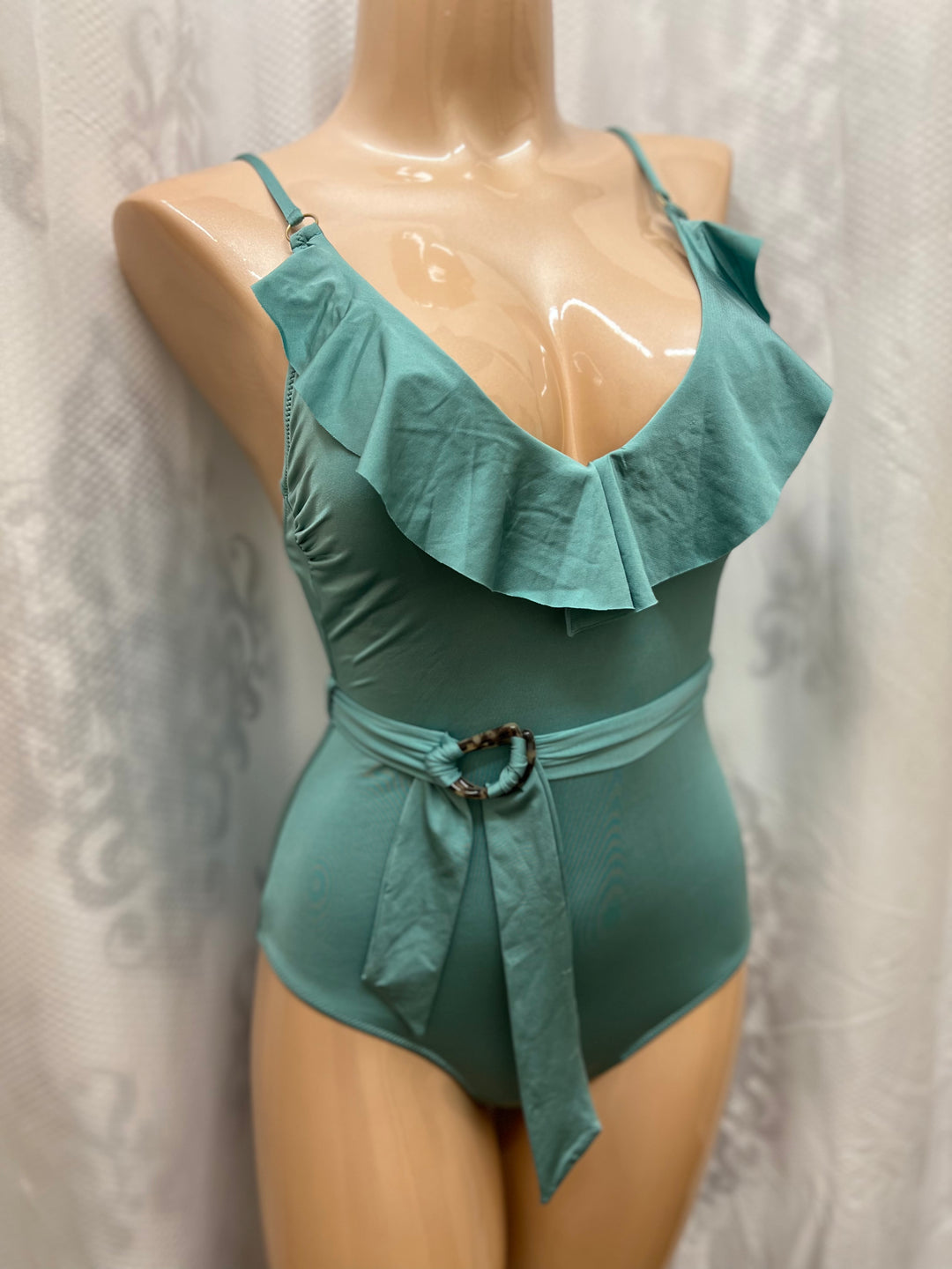 Dusty Turquoise Frilly Belted One-Piece