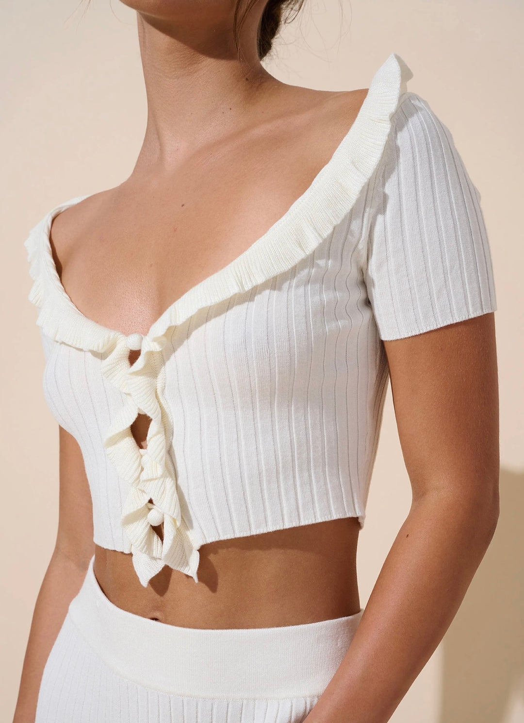 Off White Crop Top With Frill Detail - Size Medium