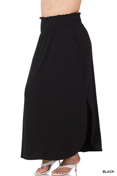 Smocked Waist Side Slit Maxi Skirt with Pockets