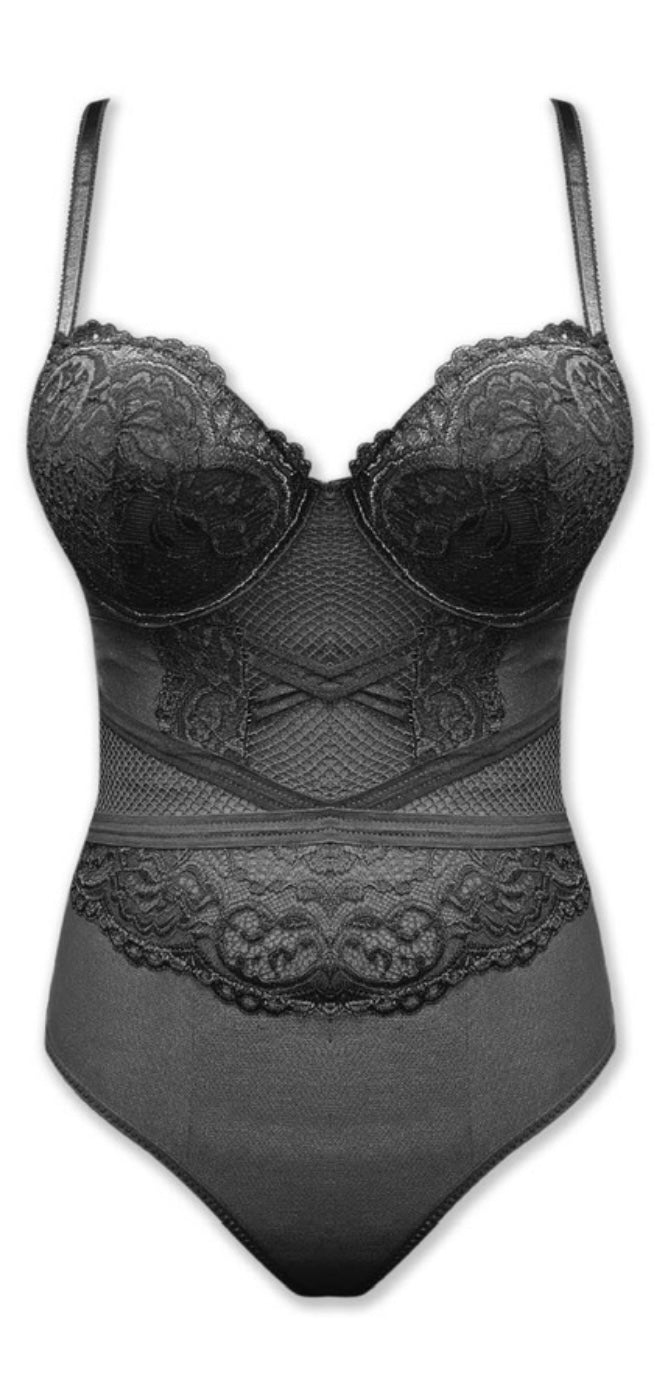 Mesh Bodysuit with Lace Padded Cups - Black