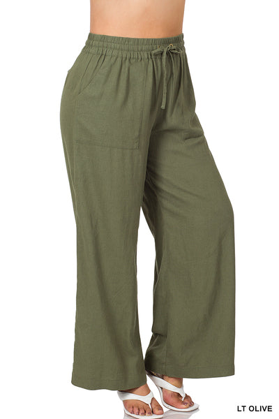 Linen Drawstring-Waist Pants With Pockets