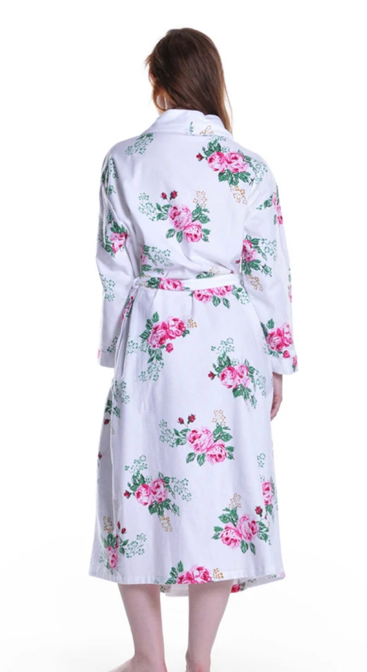 Flannel Floral Robe - White - Size Small