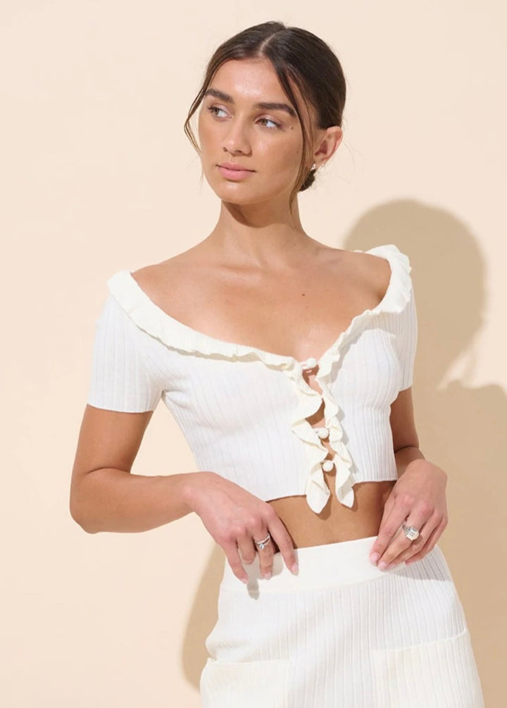 Off White Crop Top With Frill Detail - Size Medium